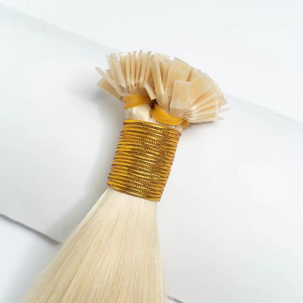 613 Blonde Nail Tips Human Hair Extension Flat Keratin Human Hair Extension