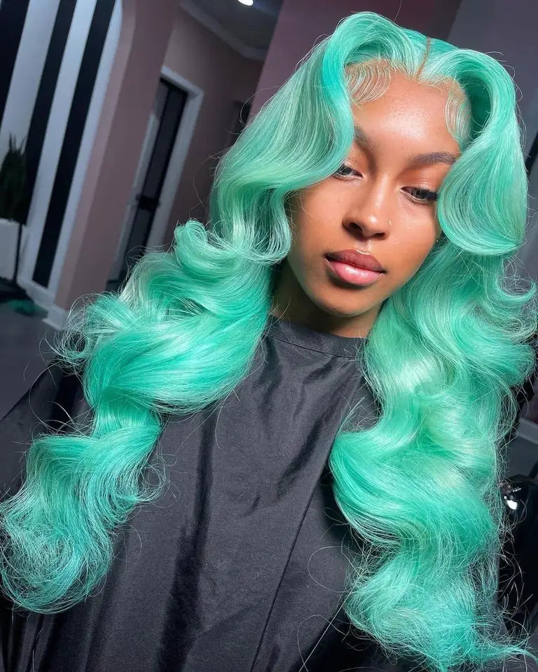 Custom Wholesale Human Hair Lace Wig ,Green Hair Long Length Wave Hair Lace Women Wig
