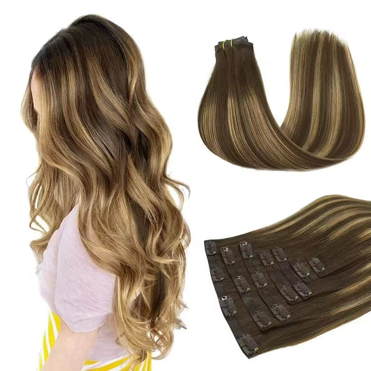 Mixed Brown Blonde Hunman Hair Extension Clips In Wtih PU