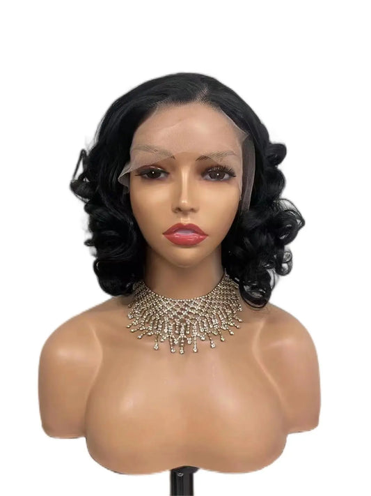 Custom Wholesale Synthetic Hair Lace Wig ,Black Curly Wave Short Shoulder Length Hair Wig wigworld
