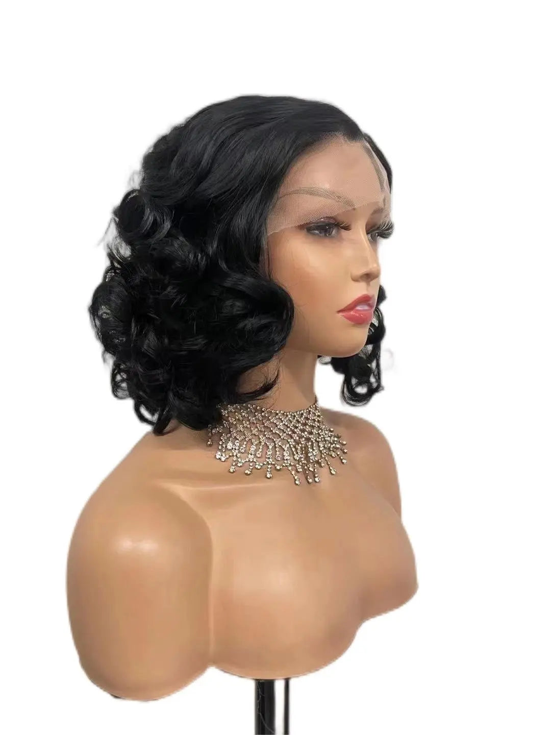 Custom Wholesale Synthetic Hair Lace Wig ,Black Curly Wave Short Shoulder Length Hair Wig wigworld