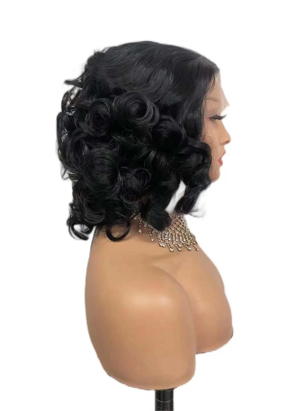 Custom Wholesale Synthetic Hair Lace Wig ,Black Curly Wave Short Shoulder Length Hair Wig wigworld