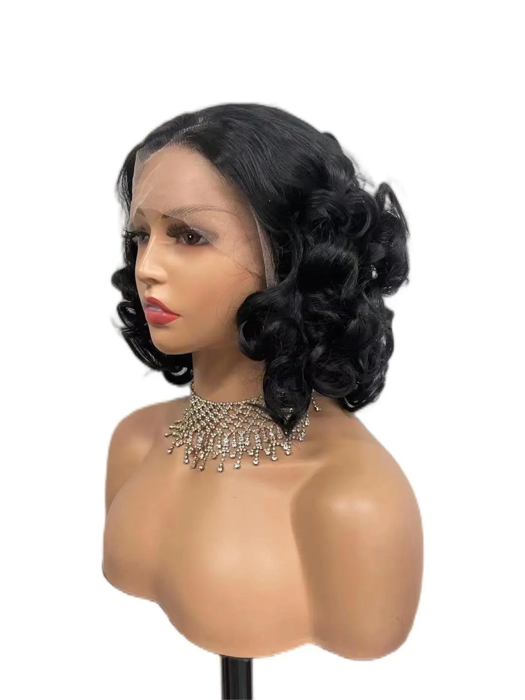 Custom Wholesale Synthetic Hair Lace Wig ,Black Curly Wave Short Shoulder Length Hair Wig wigworld