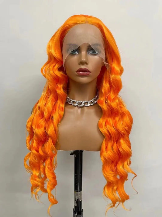 Custom Wholesale Synthetic Hair Lace Wig ,Long Hair Length Shine Orange Color Wave Hair Lace Women Wig wigworld
